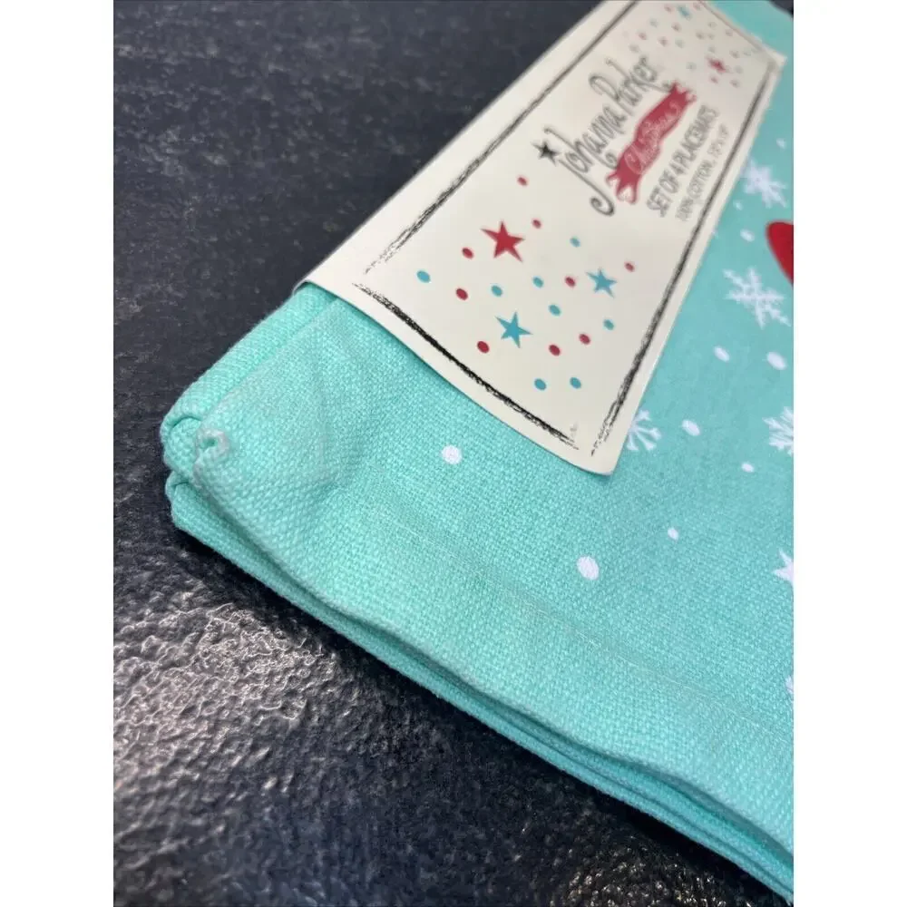 Johanna‎ Parker Mint Green Santa Claus Christmas Cotton PLACEMATS Set of 4 New